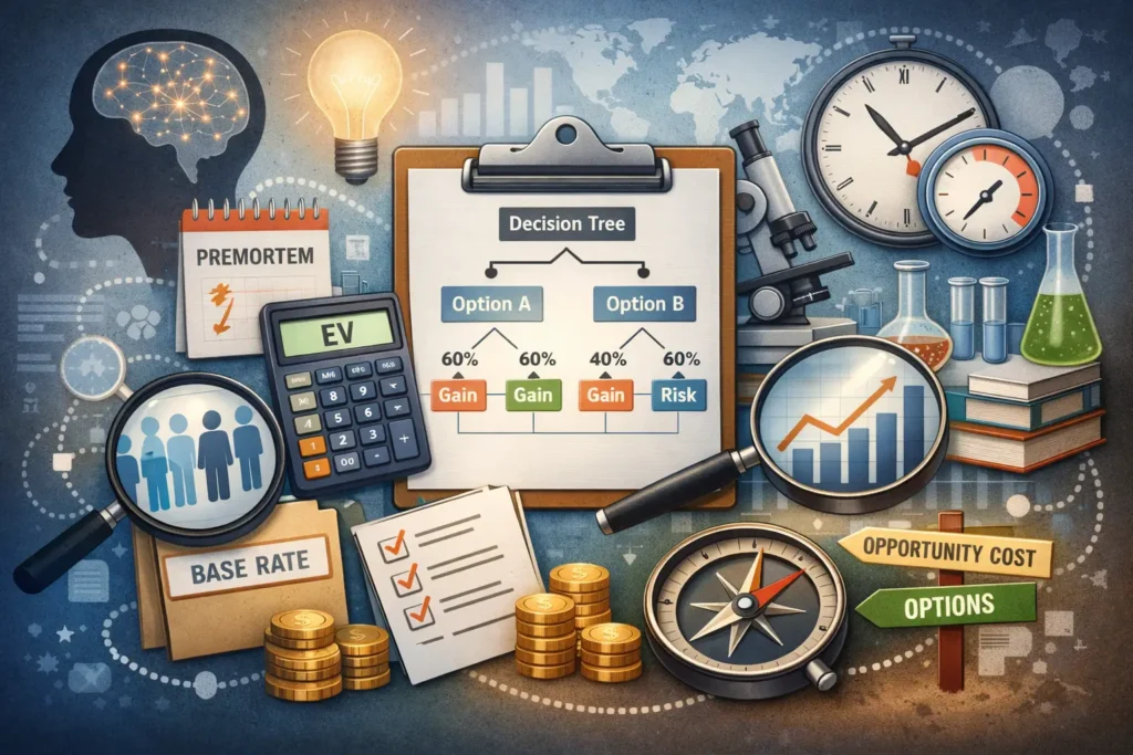 scientific-decision-making-tools-decision-tree-ev-premortem Digital illustration depicting scientific decision-making tools, including a decision tree, expected value (EV) calculator, premortem strategy, and opportunity cost symbols.