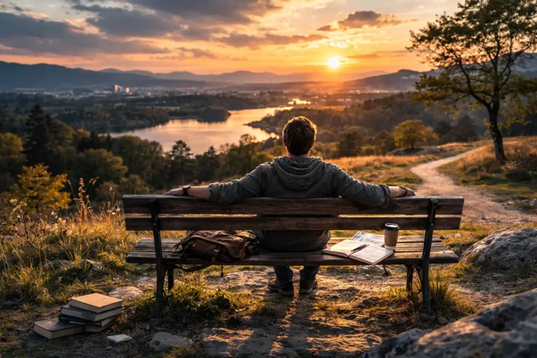 Person sitting at a desk by a window at sunset, surrounded by notebooks and books, reflecting spiritual emptiness after intense meaning-seeking (meaning strain).