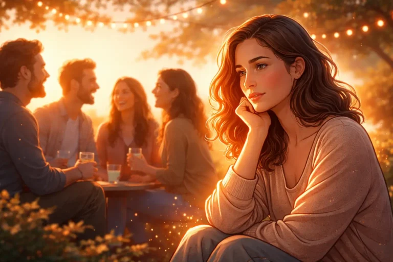 Woman sitting apart from friends at sunset, reflecting on a spiritual insight that creates a sense of social distance and lost shared reference points.