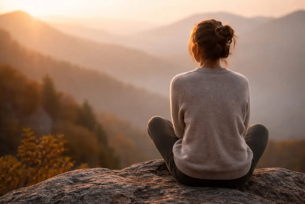 spiritual-growth-emotional-complexity-sunset-reflection Woman sitting on a mountain cliff at sunset, reflecting quietly with mixed emotions.