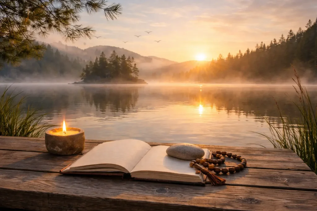 A calm sunrise over a misty lake with an open journal and candle on a wooden dock, symbolizing a quiet period of spiritual guidance and returning to clarity.
