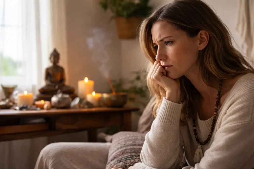 Woman reflecting beside a home altar, illustrating spiritual identity and personal autonomy tension.