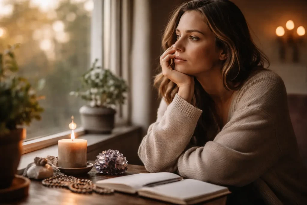 spiritually-disconnected-during-stress-reflective-moment Woman sitting by a window with a journal and candle, reflecting during a stressful period and feeling spiritually disconnected.