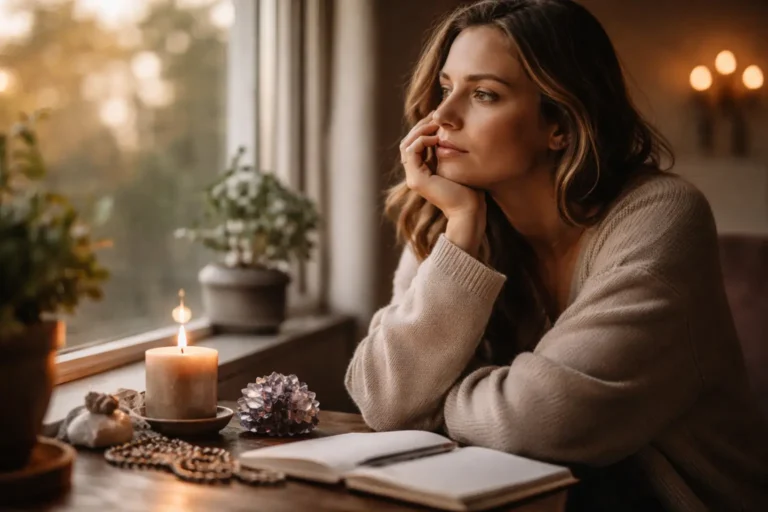 Woman sitting by a window with a journal and candle, reflecting during a stressful period and feeling spiritually disconnected.