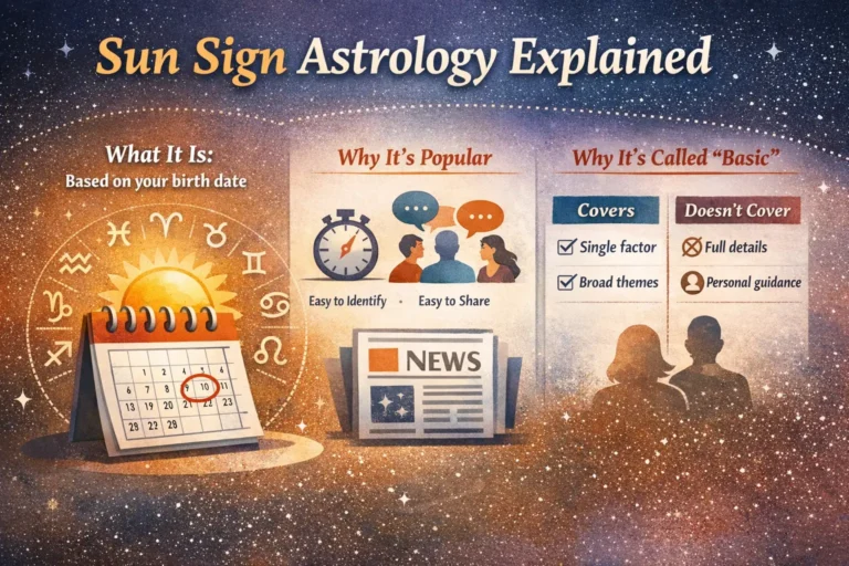 Infographic explaining sun sign astrology: what it is, why it’s popular, and why it’s considered “basic” (single factor, broad themes).