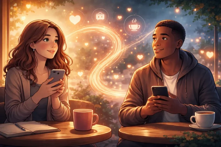 Two people in separate cafés looking at their phones as a soft glowing swirl connects them, symbolizing meaningful coincidences and synchronicity with someone without implying destiny.