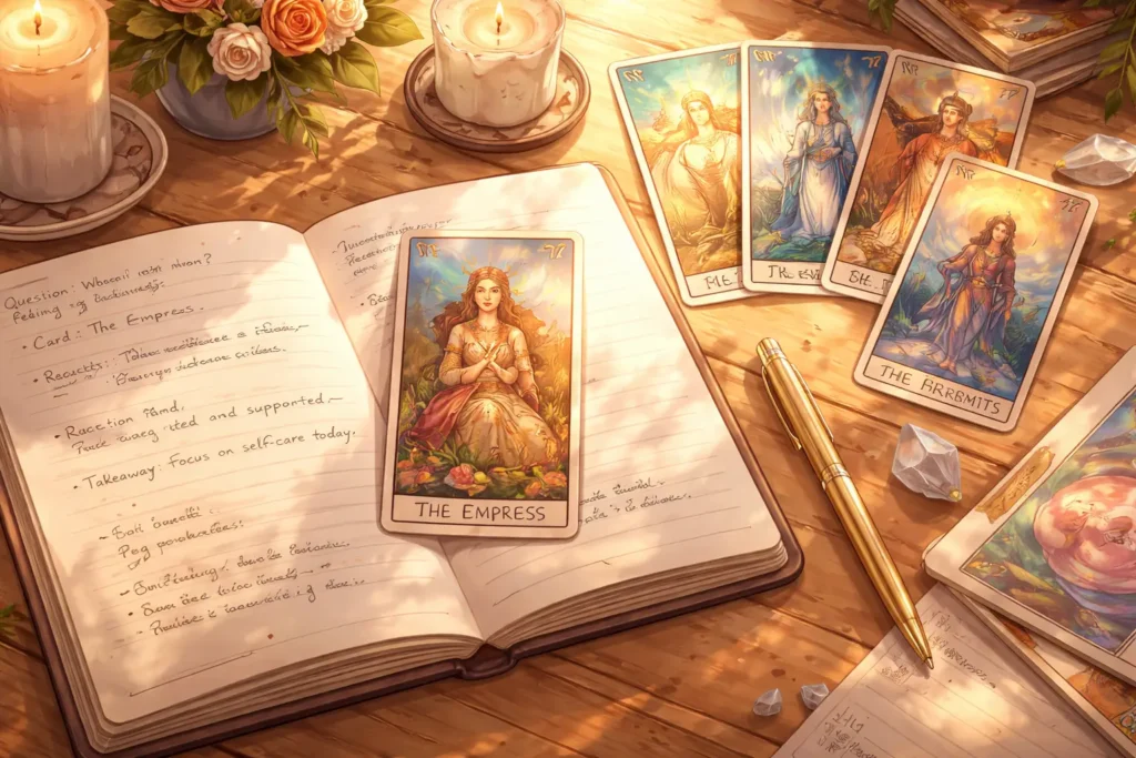 A peaceful tarot journaling setup with 'The Empress' card, notebook, and crystals, perfect for self-reflection and personal growth.
