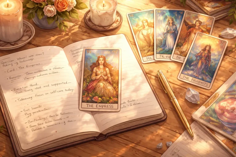 A peaceful tarot journaling setup with 'The Empress' card, notebook, and crystals, perfect for self-reflection and personal growth.