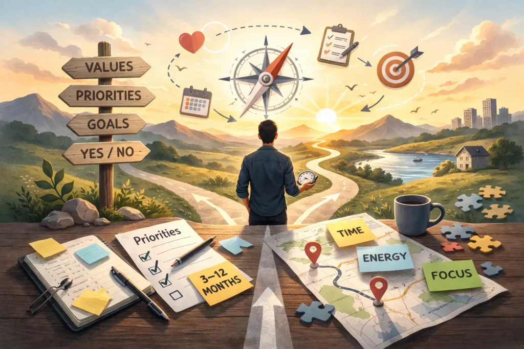 what-does-it-mean-to-have-direction-in-life-compass-decision-filter Illustration of a person at a crossroads holding a compass, with signposts for values, priorities, goals, commitments, and yes/no choices—symbolizing direction in life as a decision filter.
