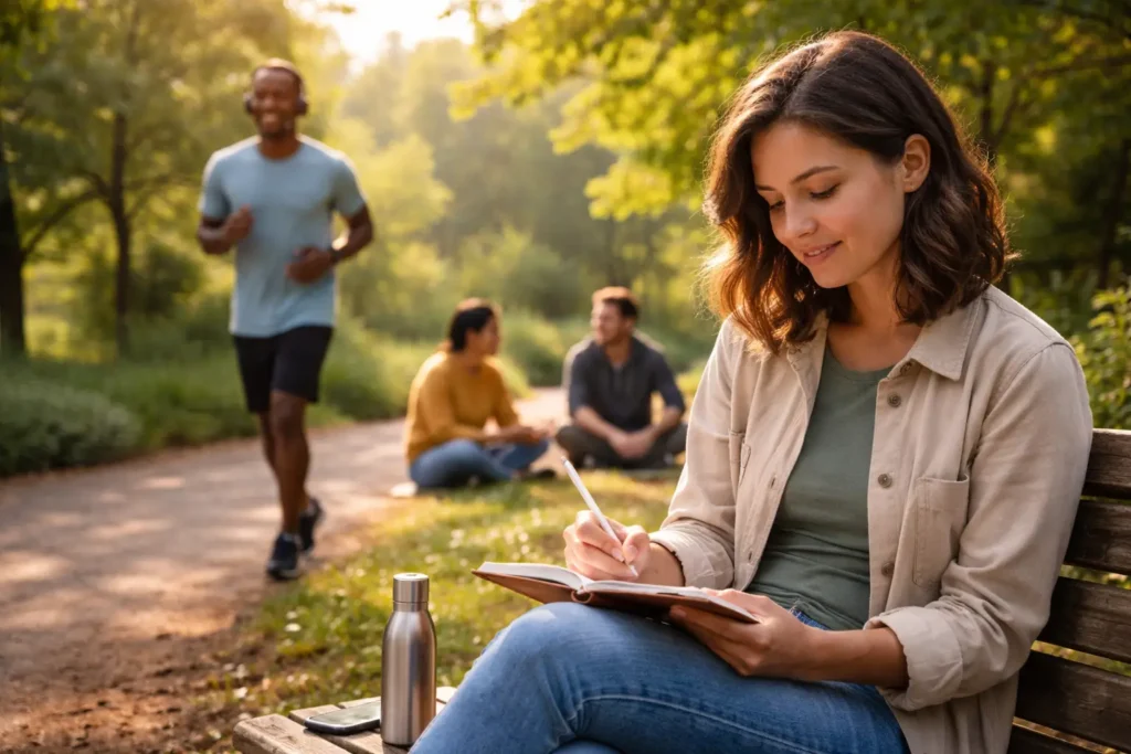 what-does-personal-growth-mean-real-life-example-park Woman writing in a notebook on a park bench, illustrating personal growth as everyday habits and self-regulation.