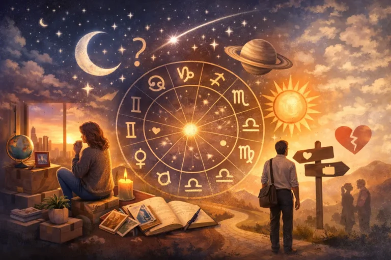 Illustration of astrology as a reflective tool during major life transitions, showing a zodiac wheel and people facing change and uncertainty.