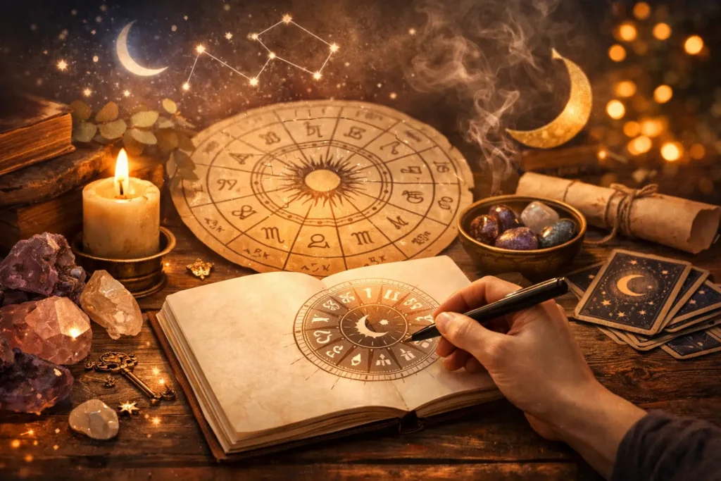 why-astrology-feels-accurate-reflection-astrology-journal-zodiac-wheel-hero Open journal with a hand drawing a zodiac wheel on a wooden table beside a candle, crystals, and astrology cards, illustrating why astrology feels accurate.