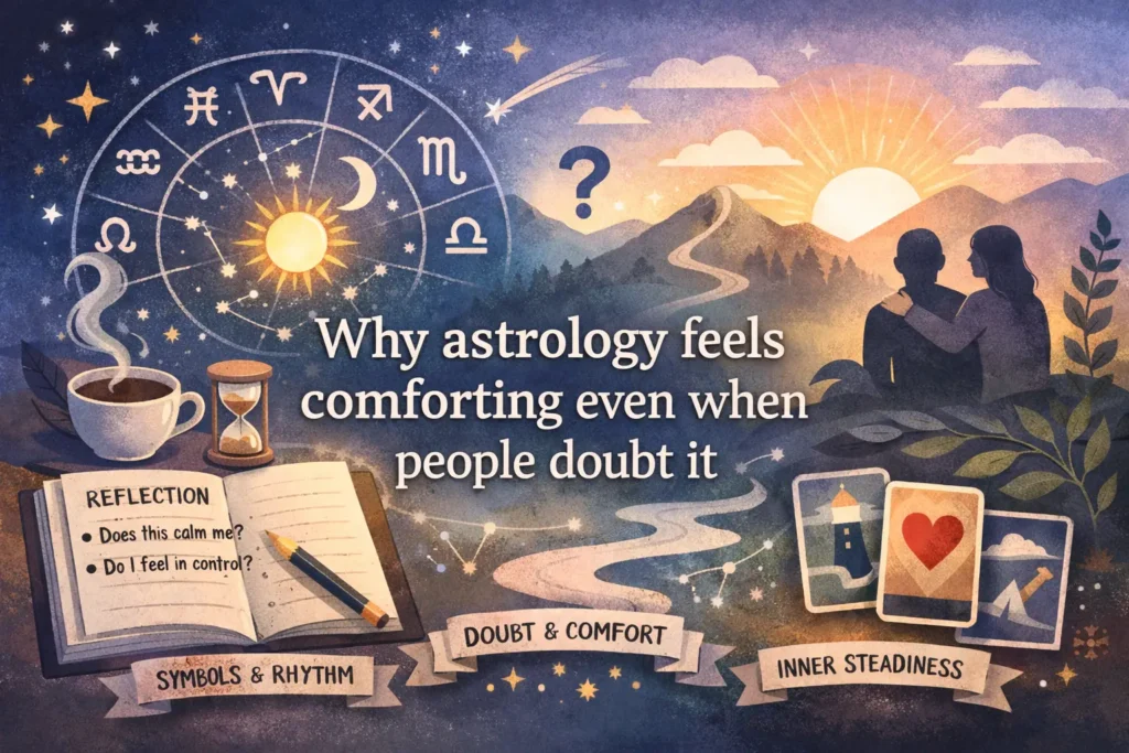 why-astrology-feels-comforting-even-when-you-doubt-it-header Abstract illustration of a person finding calm in symbolic patterns, representing why astrology feels comforting even when you doubt it.