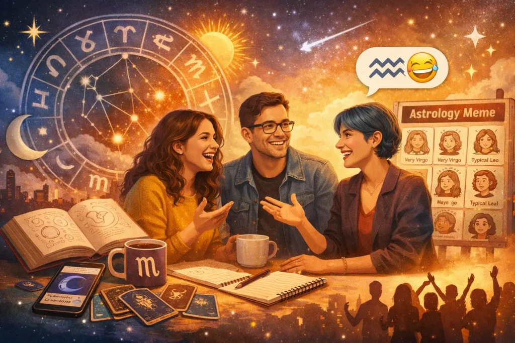 why-astrology-persists-despite-skepticism-cultural-use Illustration showing astrology as a cultural and social phenomenon, with people discussing zodiac symbols, memes, and shared meanings despite skepticism