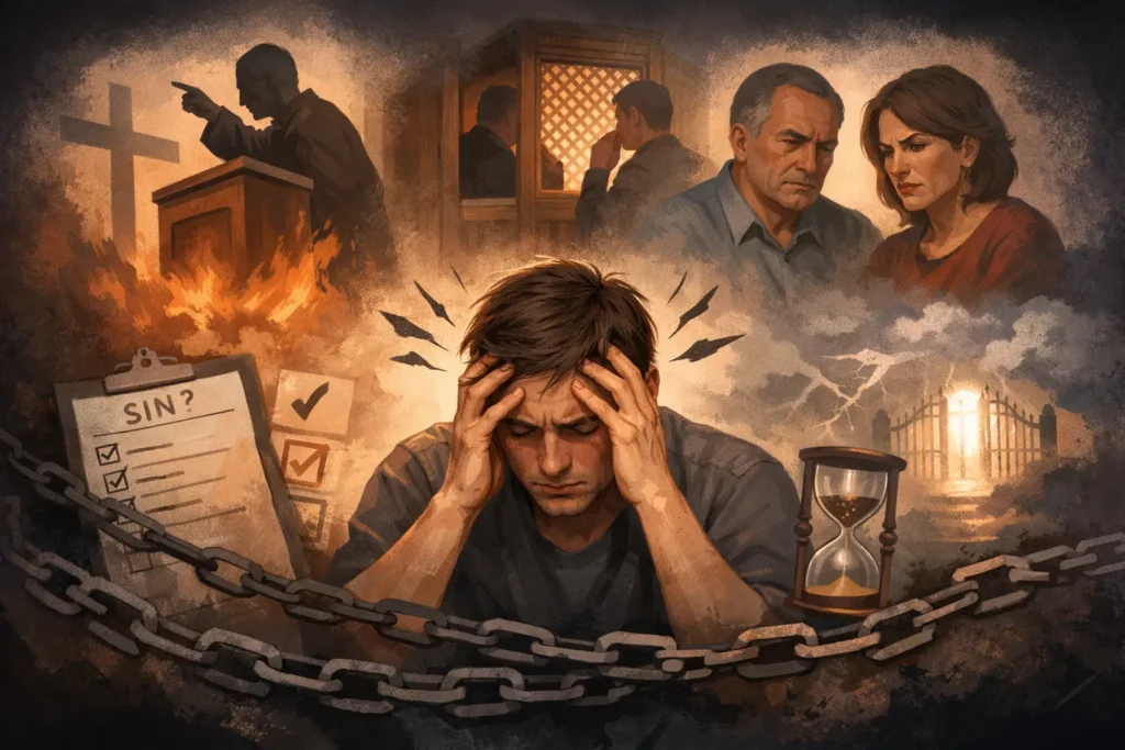 Illustration of a person feeling overwhelmed by religious anxiety, with fear-based pressure and judgment in the background.