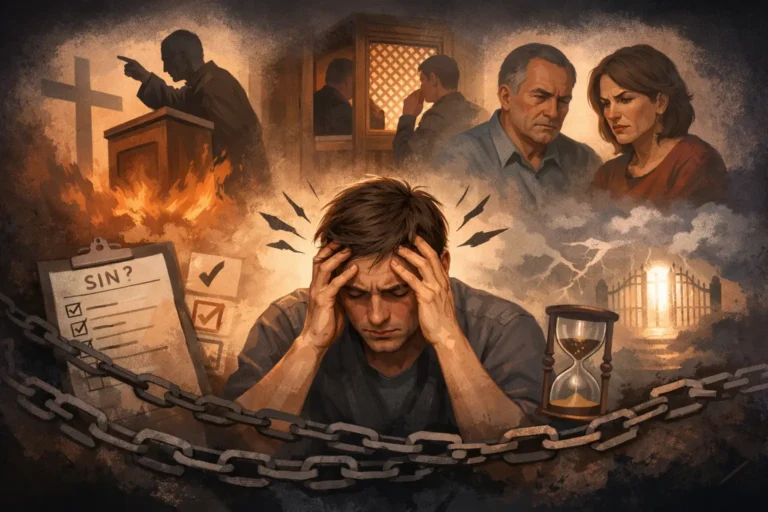 Illustration of a person feeling overwhelmed by religious anxiety, with fear-based pressure and judgment in the background.