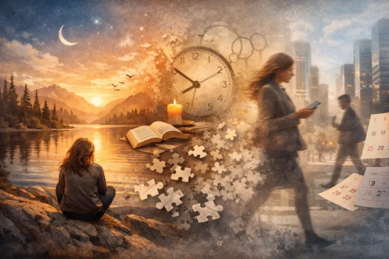 Illustration of spirituality fading over time as a calm lakeside scene transitions into a busy city, showing a shift in attention, context, and meaning.