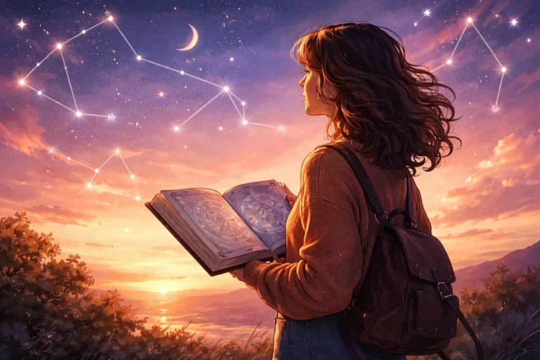 A young woman with wavy brown hair standing on a hill at sunset, holding an open astrology book. The sky is filled with constellations and a crescent moon, creating a peaceful and spiritual atmosphere.