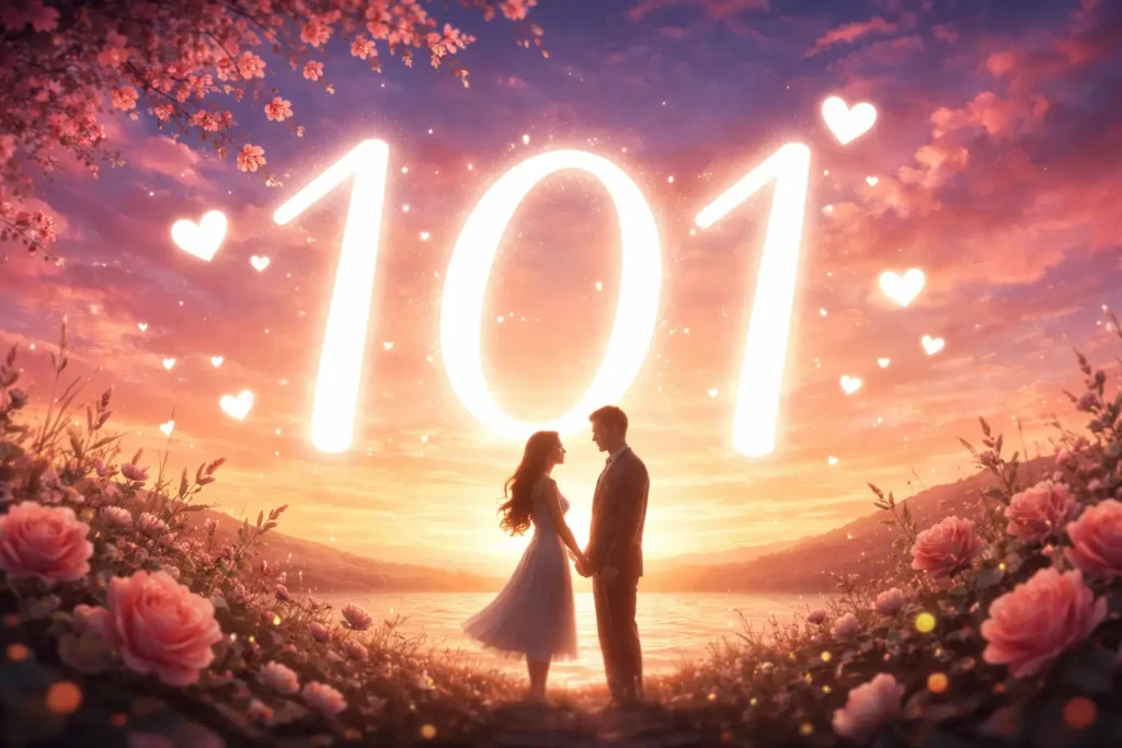 101 angel number love meaning illustrated as a romantic fresh start with a couple at sunset