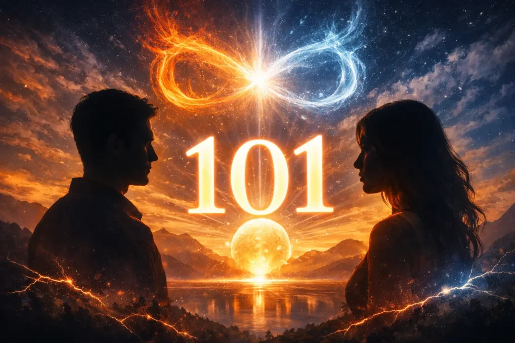 101-angel-number-twin-flame-meaning 101 angel number twin flame meaning illustration showing two figures, mirrored energy, and spiritual connection symbolism