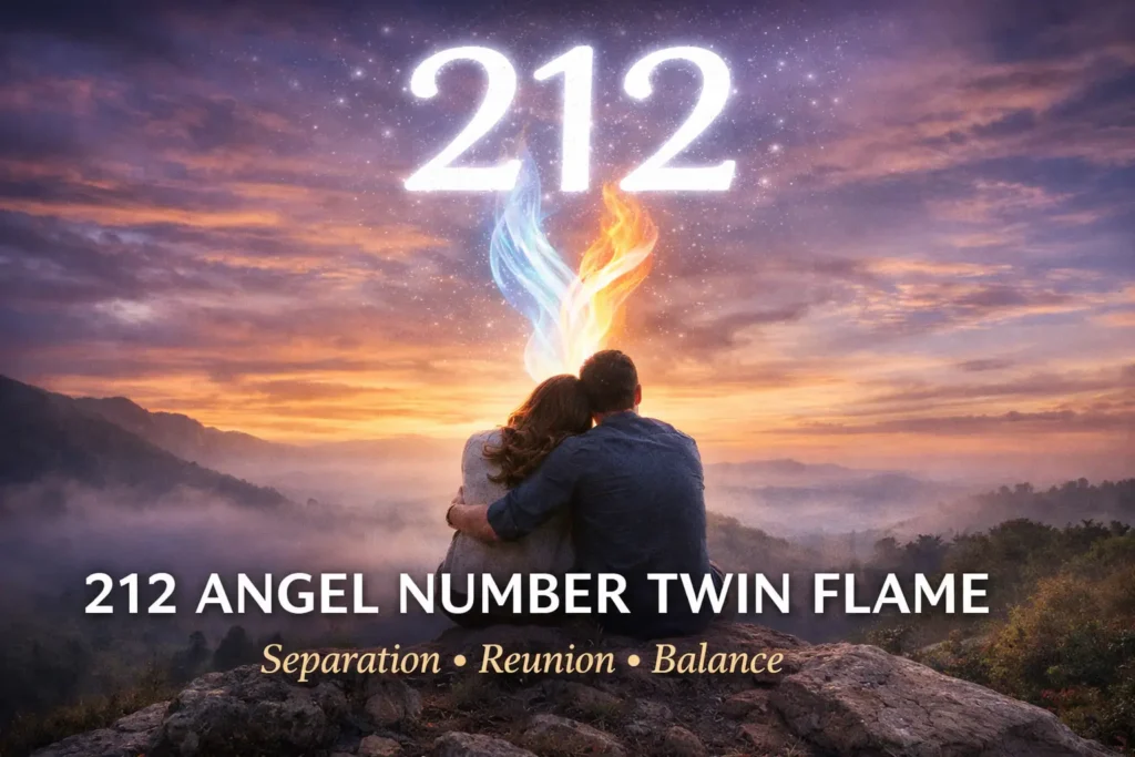 212 angel number twin flame meaning illustrated with a couple at sunset and symbolic twin flame energy representing balance, separation, and reunion