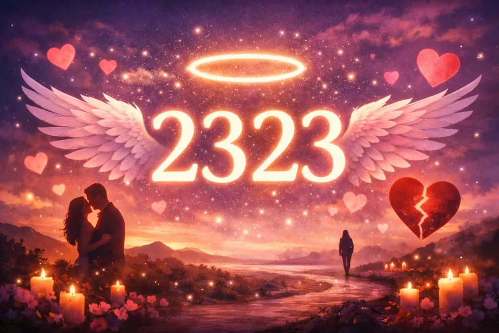 2323 angel number love meaning illustration showing romance, separation, and emotional clarity