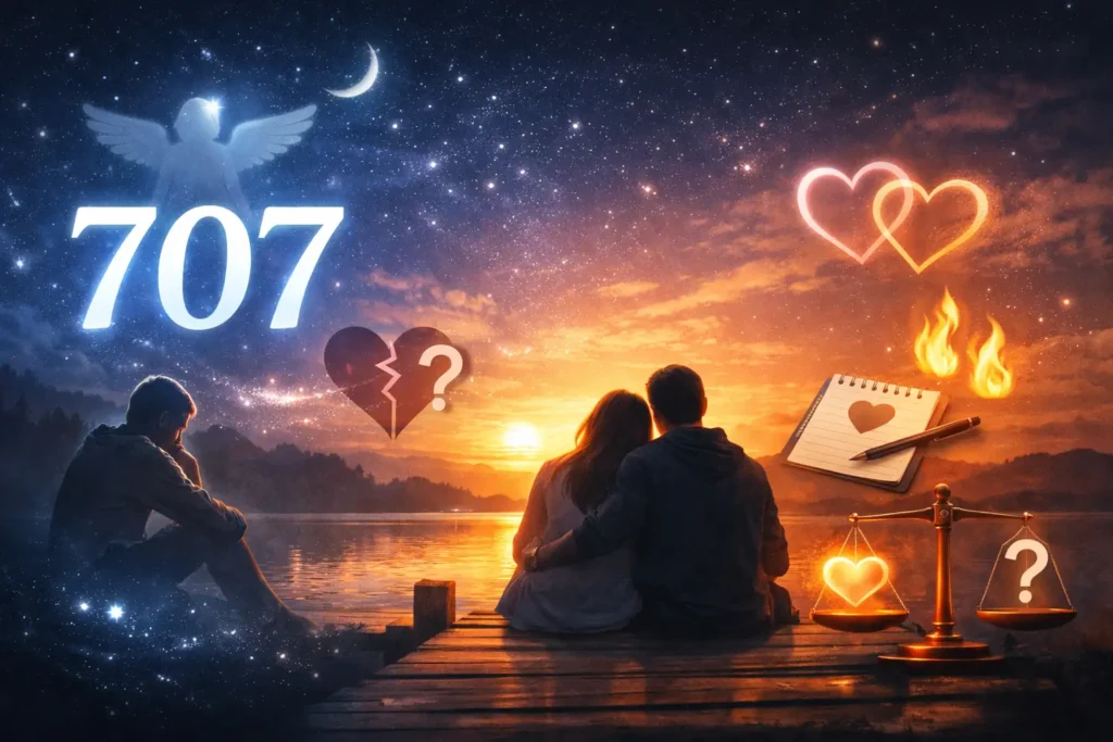707-angel-number-love-meaning-relationships 707 angel number love meaning illustration showing a couple by the water, the number 707 in the sky, and symbols of emotional honesty, distance, and romantic connection