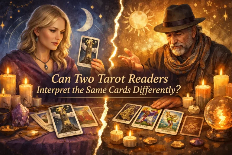 Two tarot readers interpreting the same tarot cards differently, showing how symbolism, context, and reading style can change card meanings