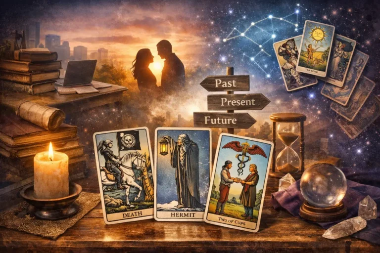 Spread of tarot cards including Death and The Hermit on a wooden table with candle and crystal, illustrating how context influences tarot card interpretation in readings.