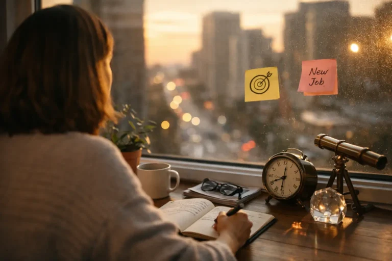 Person writing an intention in a notebook by a window at sunset, illustrating focus, selective attention, and priming in manifestation psychology.
