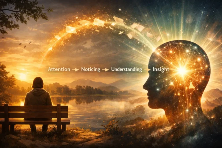 Everyday awareness leading to spiritual insight through attention, noticing, understanding, and insight