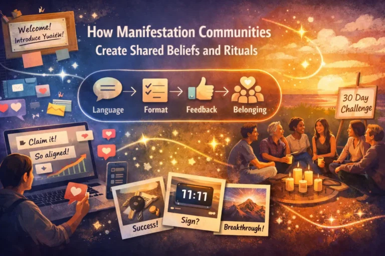 Illustration of online and offline manifestation communities building shared beliefs through language, repeated formats, feedback, and belonging