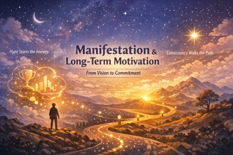Illustration of manifestation, long-term motivation, and consistency as a person follows a glowing path toward a goal