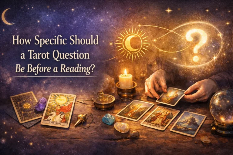 Illustration of a tarot reading setup with cards, crystals, and a glowing question mark representing how specific a tarot question should be before a reading