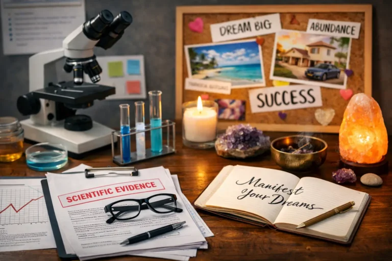 Desk scene contrasting scientific evidence papers and lab tools with a vision board and journal about manifestation, illustrating science vs metaphysical claims.