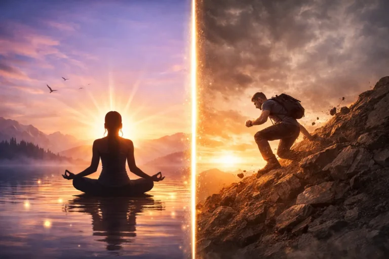 Concept illustration of manifestation framed as alignment versus effort in self-help language