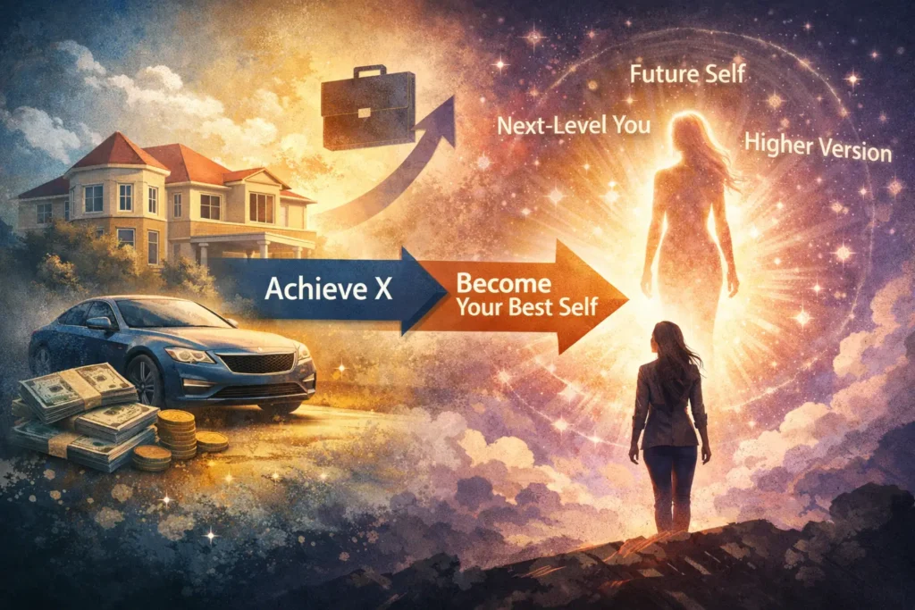 Illustration showing outcome-based goals like money, car and house contrasted with identity-based manifestation messaging such as future self and becoming a higher version of yourself