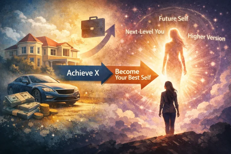 Illustration showing outcome-based goals like money, car and house contrasted with identity-based manifestation messaging such as future self and becoming a higher version of yourself