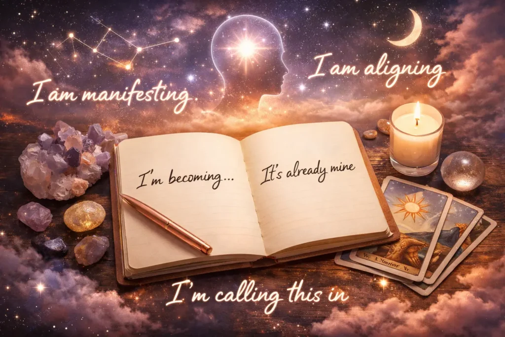 manifestation-language-goal-framing-examples Examples of manifestation language phrases like "I am manifesting" and "I'm becoming" illustrating how manifestation language changes the way people talk about goals