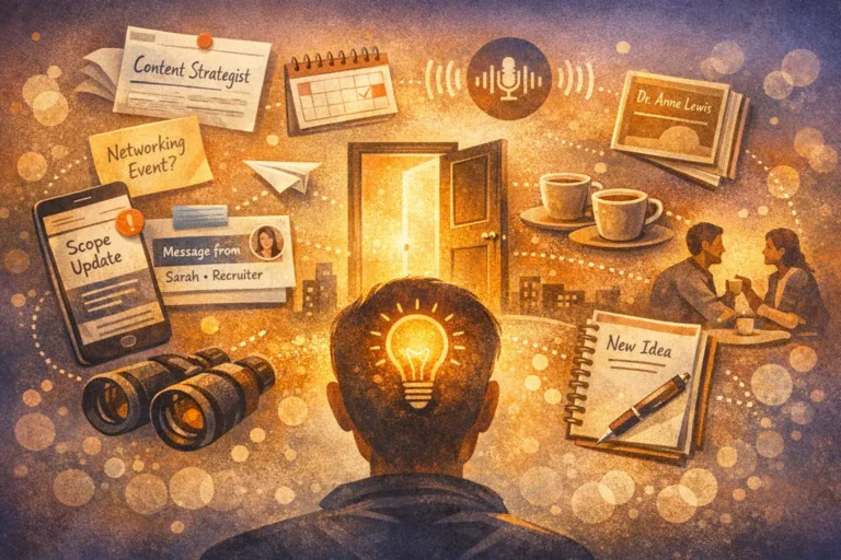 Illustration showing how manifestation can help people notice opportunities such as job leads, connections, ideas, and small openings in everyday life