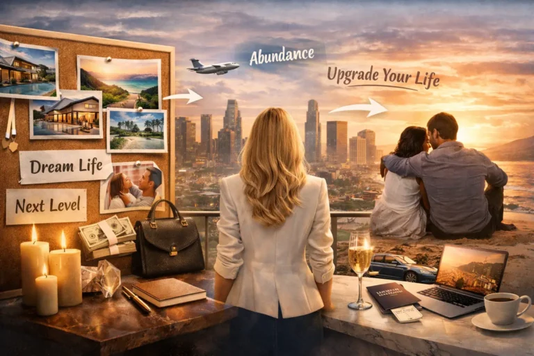 Visualization of manifestation trends shaping personal standards through vision boards, dream life imagery, and visible success lifestyle cues