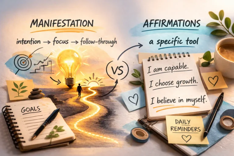 Manifestation vs affirmations: manifestation as a broader approach (intention, focus, follow-through) vs affirmations as repeated self-talk prompts.