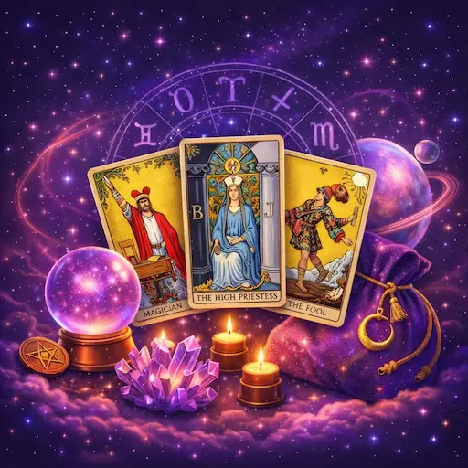 Rider-Waite tarot cards with a crystal ball and mystical cosmic background