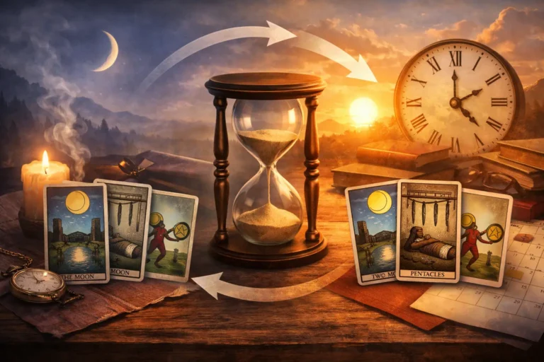 The same tarot spread interpreted differently over time with tarot cards, an hourglass, and changing light
