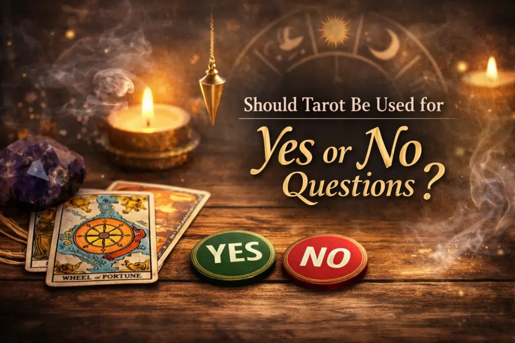 should-tarot-be-used-for-yes-or-no-questions Tarot cards, candle, and yes/no tokens illustrating whether tarot should be used for yes or no questions