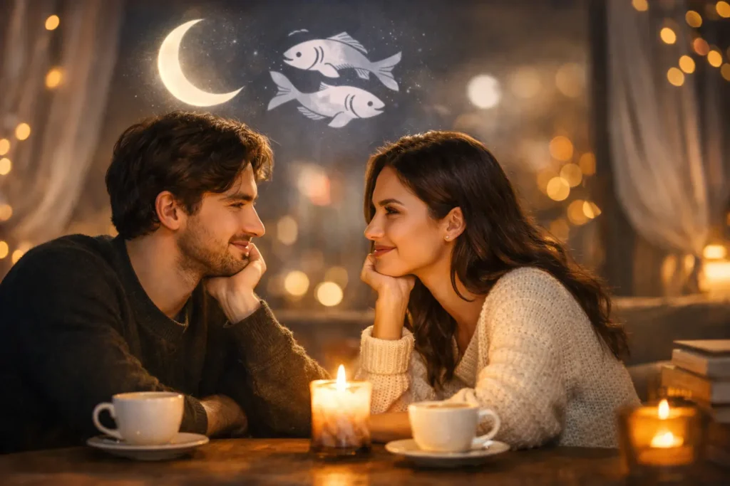 signs-a-pisces-man-likes-you-romantic-interest-cafe Couple sharing a quiet, attentive moment in a softly lit cafe, illustrating subtle signs a Pisces man likes you