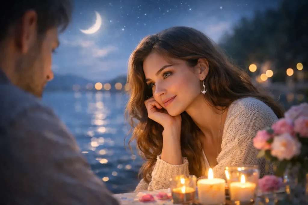 signs-a-pisces-woman-likes-you Pisces woman showing subtle romantic interest during a quiet one-on-one conversation