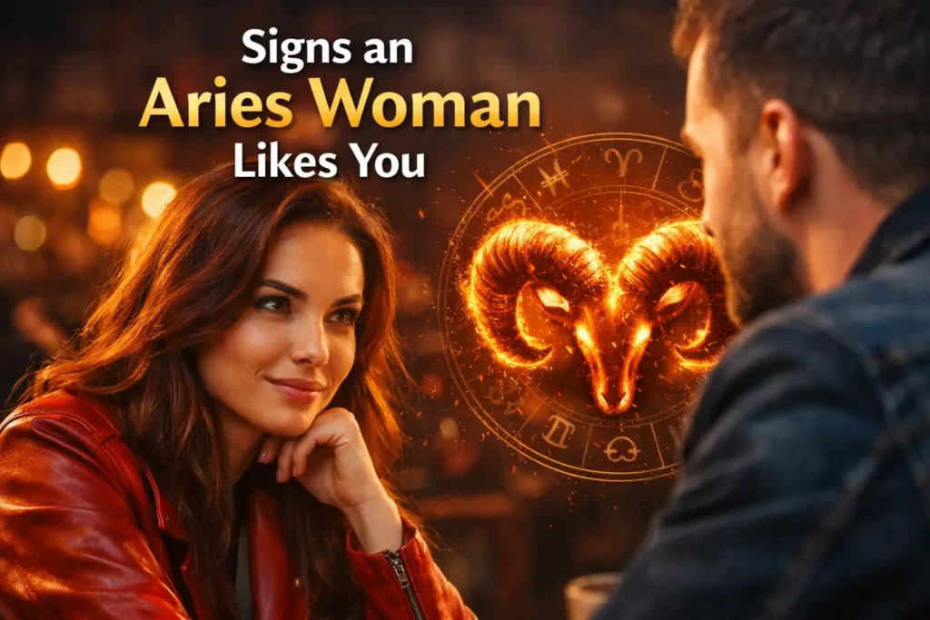 signs-an-aries-woman-likes-you Aries woman showing romantic interest during a one-on-one conversation, with an Aries zodiac symbol in the background.