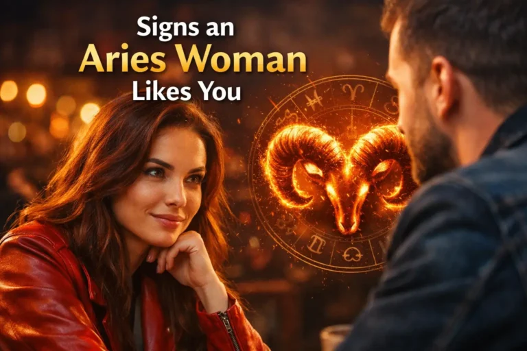 Aries woman showing romantic interest during a one-on-one conversation, with an Aries zodiac symbol in the background.