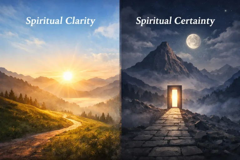Illustration comparing spiritual clarity and spiritual certainty, showing openness and understanding on one side and settled conviction on the other